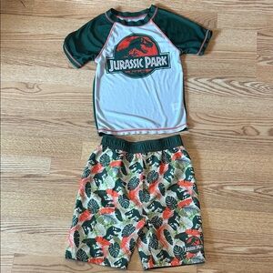 Jurassic Park Kids Rashguard + Swim trunks set in Green & Orange sz M 🦖 Dino